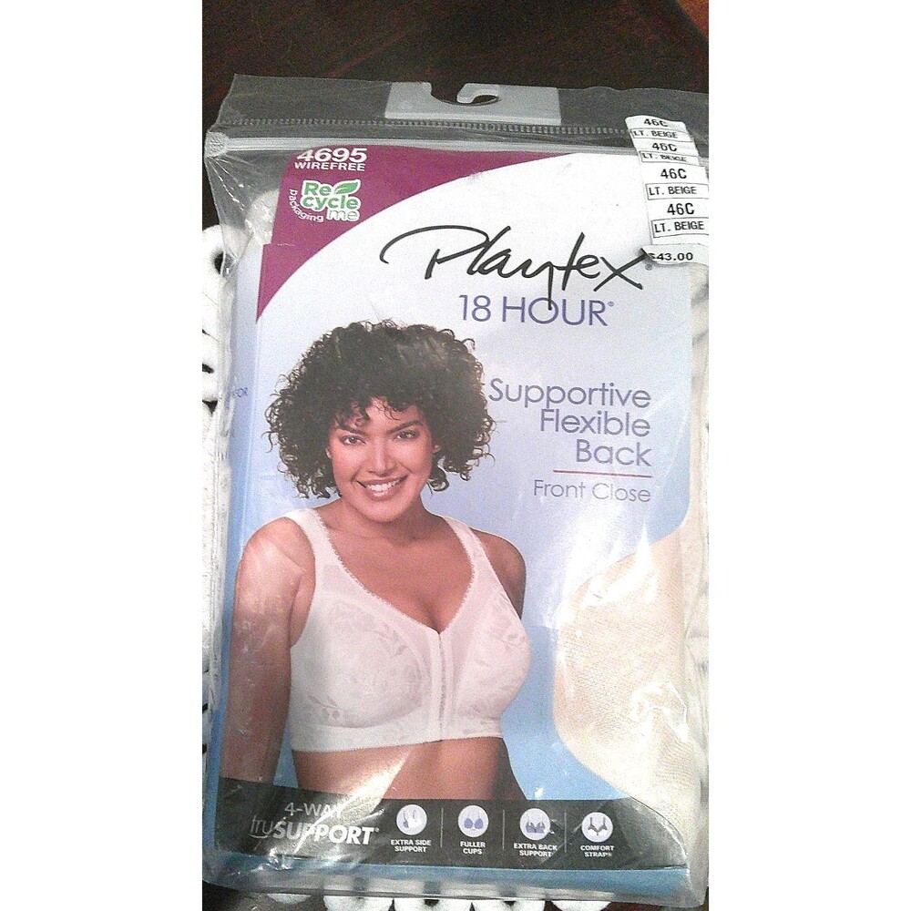 NIB Playtex 18 Hour Front Close Bra 46C Beige Floral Wireless Supportive 4695